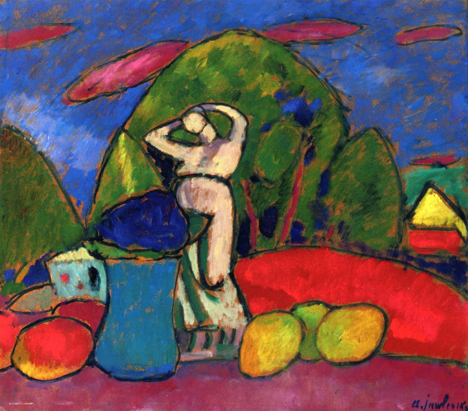 Alexej von Jawlensky. 静物画用在风景的背景的果子