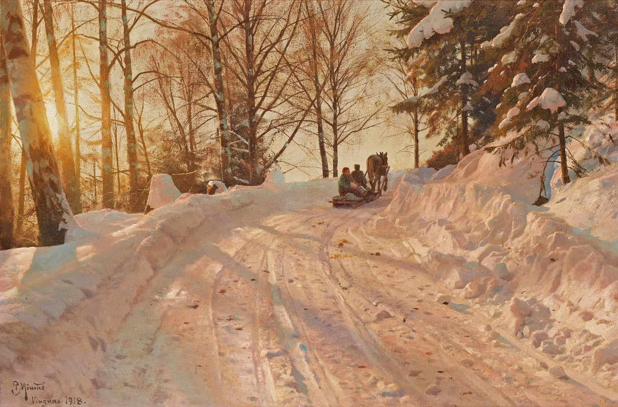 Peder Mørk Mønsted. Winter landscape with sleigh crew
