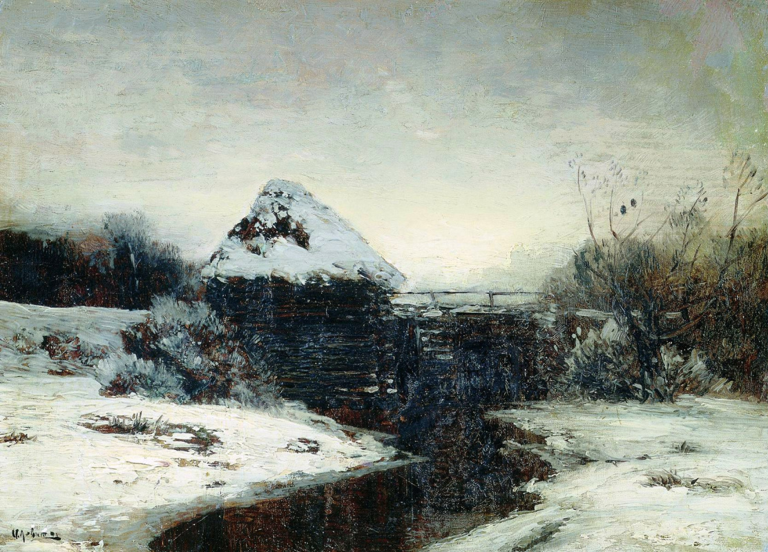 Isaac Levitan. Winter landscape with a mill