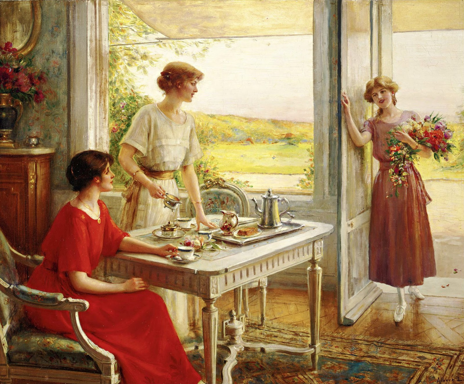 Tea time., 81×66 cm by Albert Lynch 1851-1912 Peruvian artist