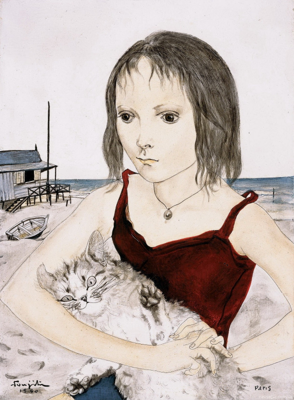 Tsuguharu Foujita (Léonard Fujita). Young Girl with Her Cat on the Beach