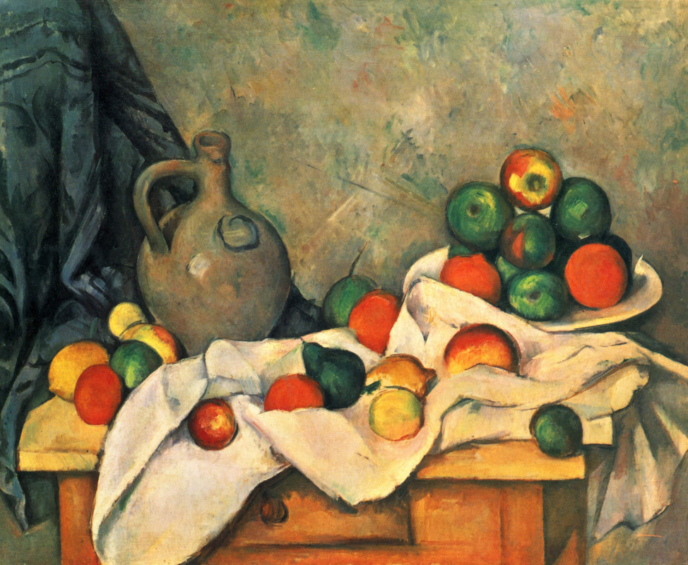 Paul Cezanne. Curtain, Jug and Fruit Bowl
