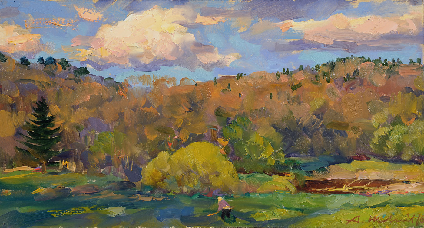 Alexander Shevelyov. Evening landscape. D.V.P. Oil 22.5 x 42 cm. 2016