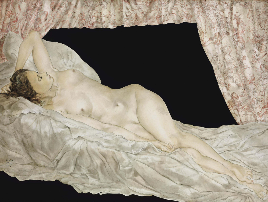 Tsuguharu Foujita (Léonard Fujita). Reclining Nude with Toile de Jouy