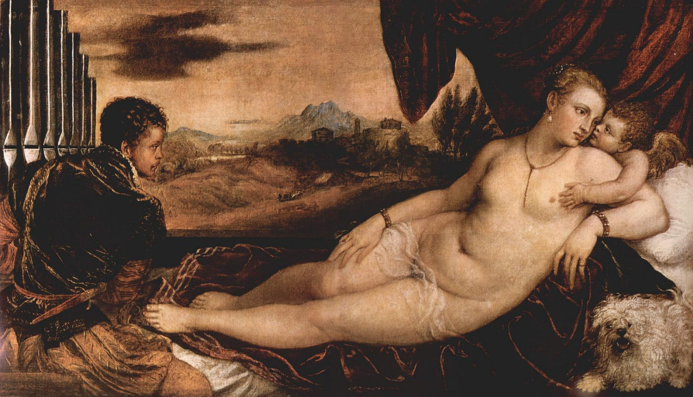 Titian Vecelli. Venus with a cavalier playing on the organ, and Cupid
