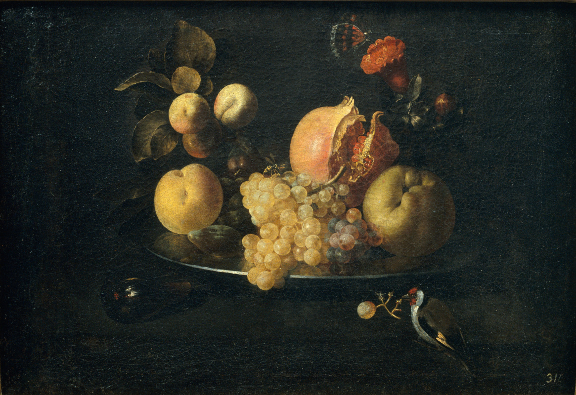 Juan de Zurbaran. Still life with fruit and goldfinch