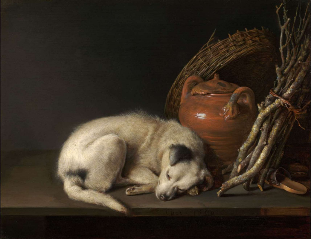 Gerrit (Gerard) Dow. Sleeping dog and a clay pot