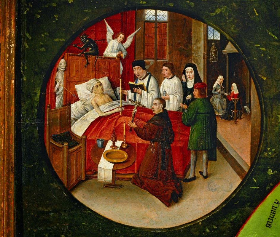Hieronymus Bosch. Tod Sieben Todsünden und vier letzte Dinge. Fragment