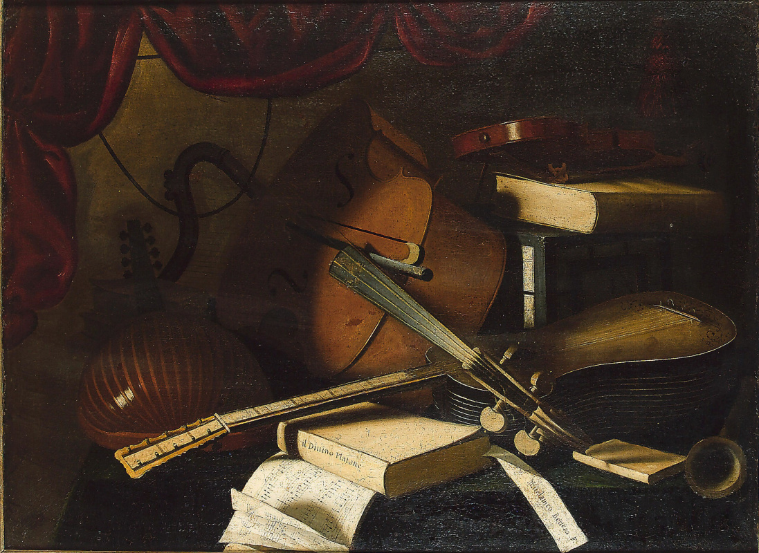 Бартоломео Беттера. Лютня, виолончель, скрипка, гитара, ноты и книги на столе