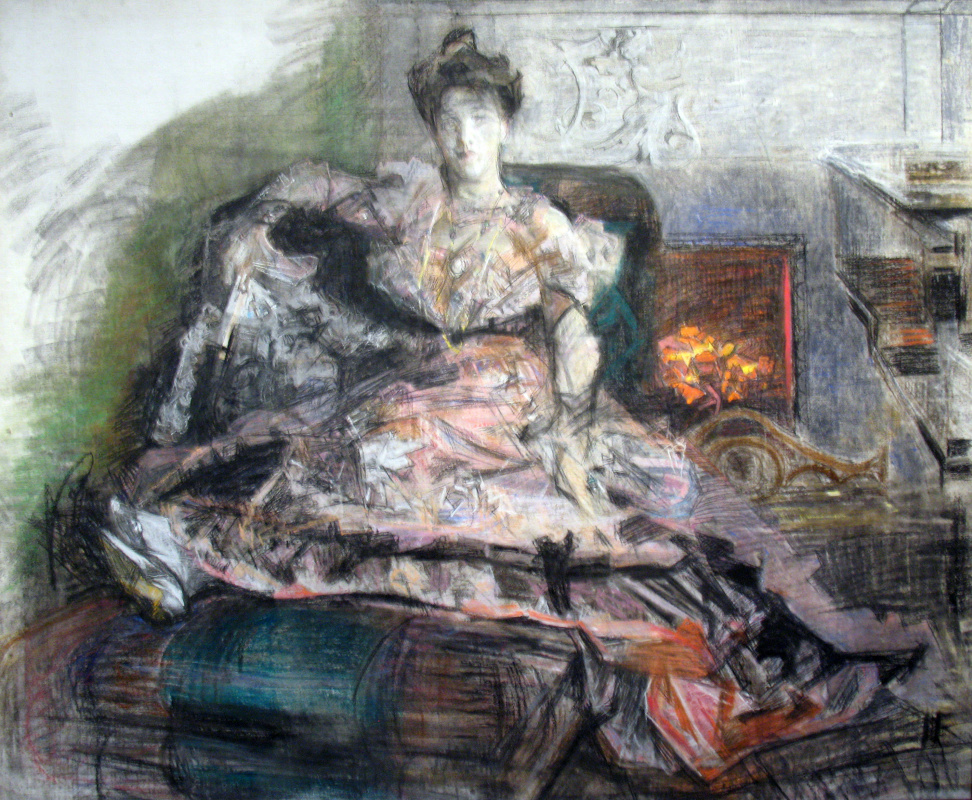 Mikhail Vrubel. After the concert. Portrait of Nadezhda Ivanovna Zabela-Vrubel by the fireplace, in a dress designed by the artist