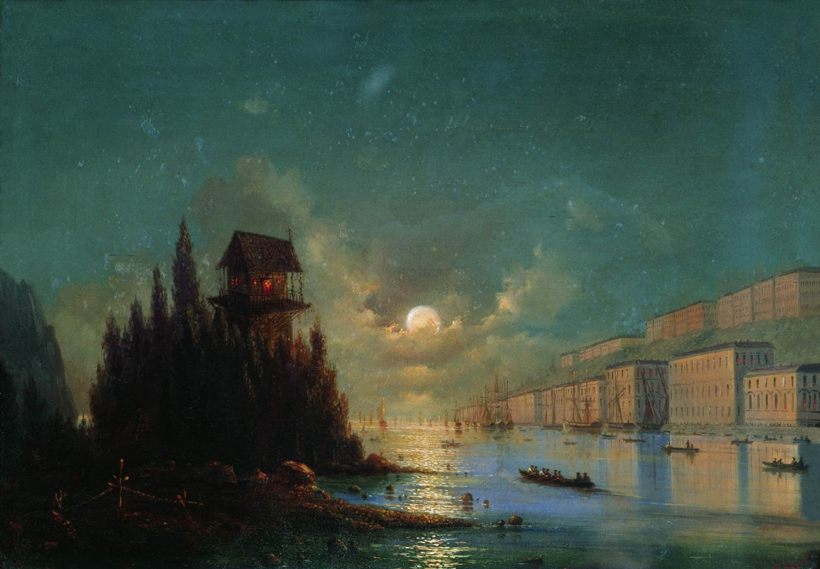 Ivan Aivazovsky. Vista de la ciudad costera en la noche con un faro encendido
