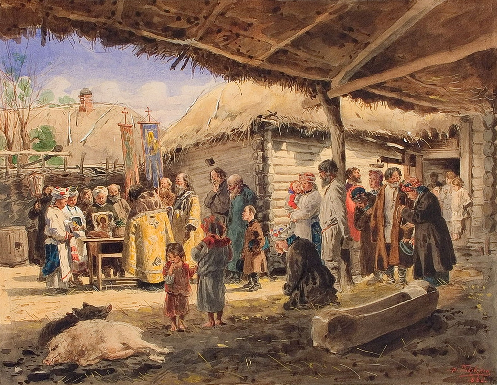 Vladimir Egorovich Makovsky. Prayer in the peasant yard in the Ukraine