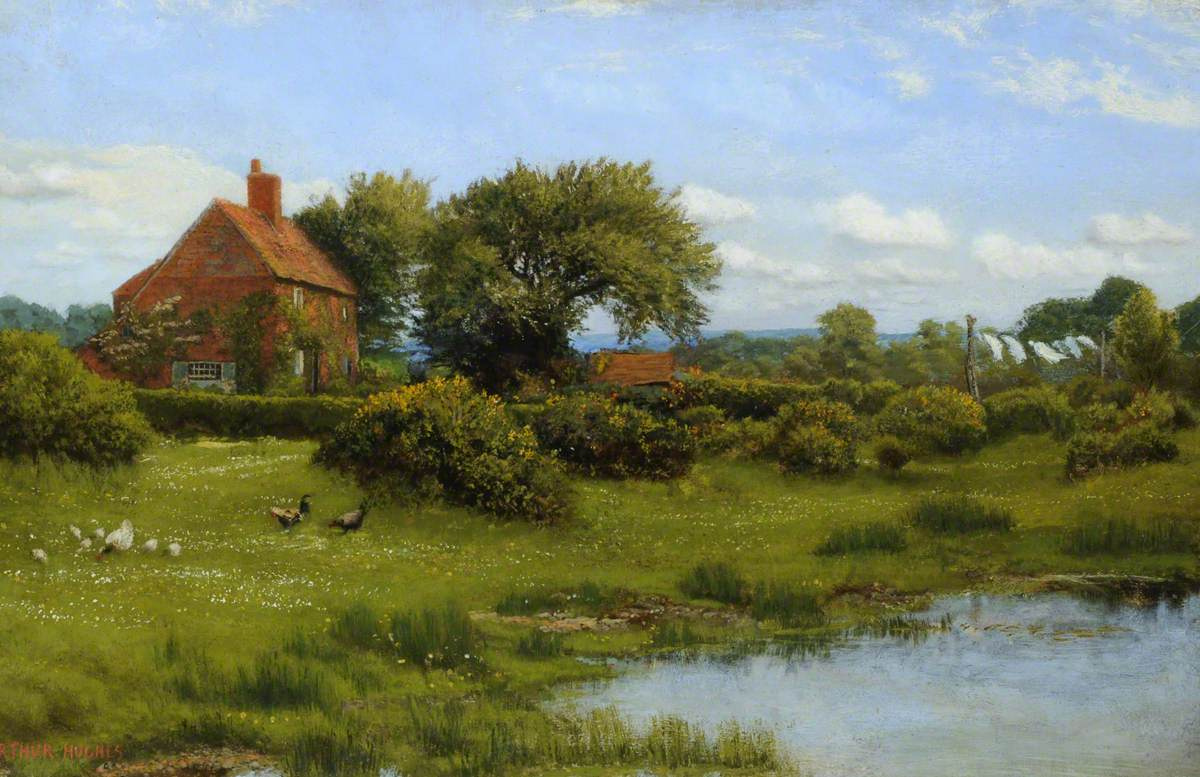 Arthur Hughes. House by the pond at Bargfield