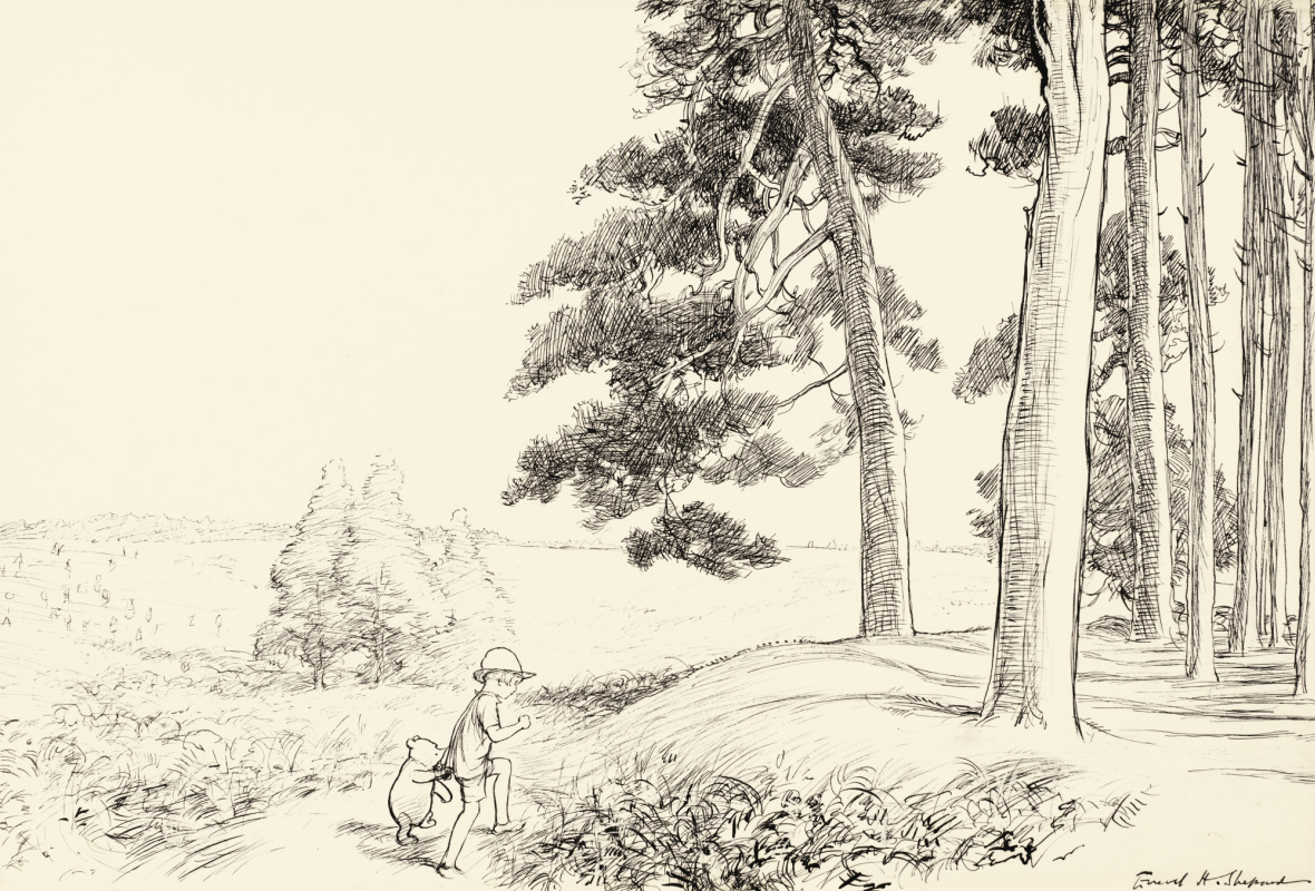 Ernest Shepard. Christopher Robin and Winnie the Pooh in an Enchanted place. Illustration for the book "Winnie-the-Pooh" by A. A. Milne