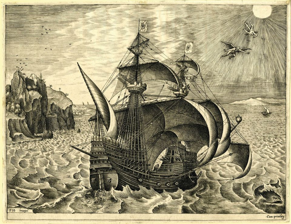 Pieter Bruegel The Elder. Military three-mast ship and scene with Daedalus and Icarus