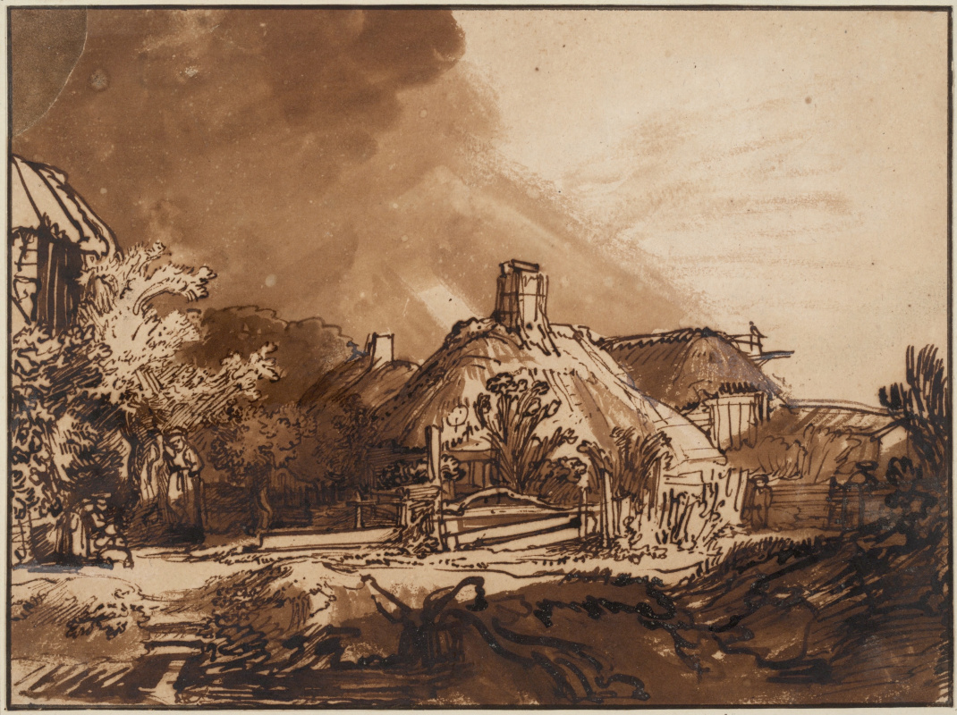 Rembrandt Harmenszoon van Rijn. Huts under the sky foreshadowing the storm