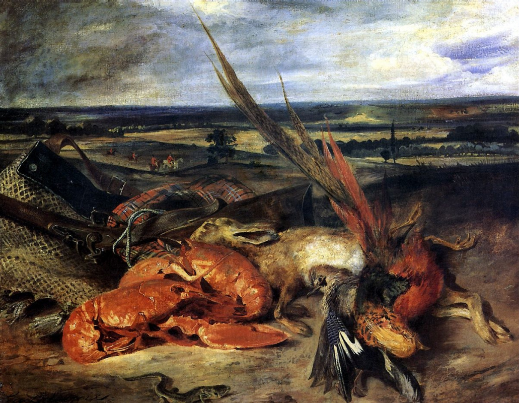 Eugene Delacroix. Still life with lobster and trophies of hunting