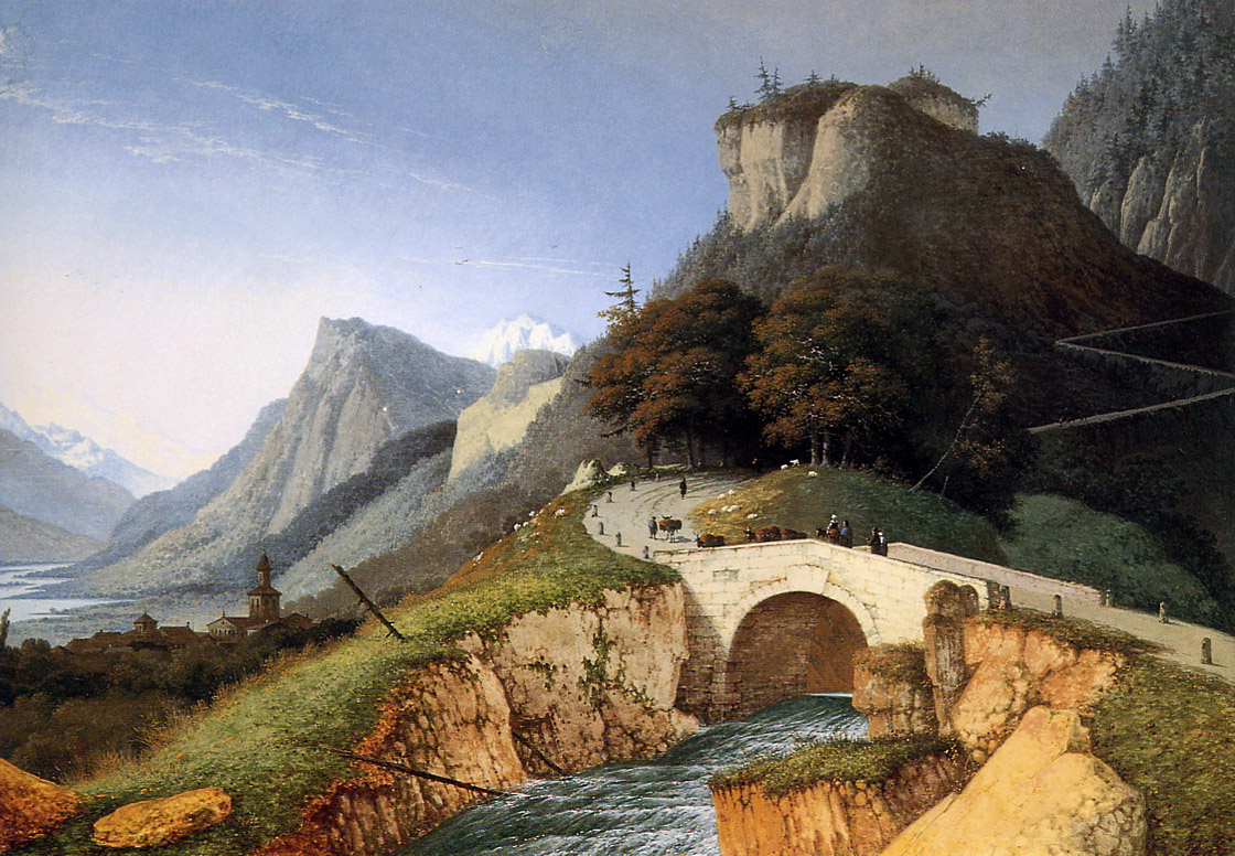 Josefus Knip. Mountain landscape with bridge over stream