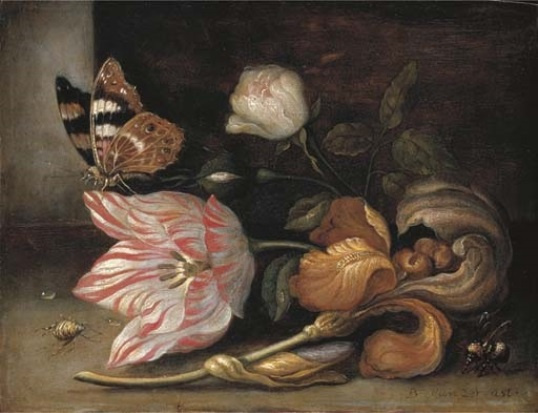 Balthasar van der Ast. Still life with a Tulip, irises, a butterfly and a bumblebee