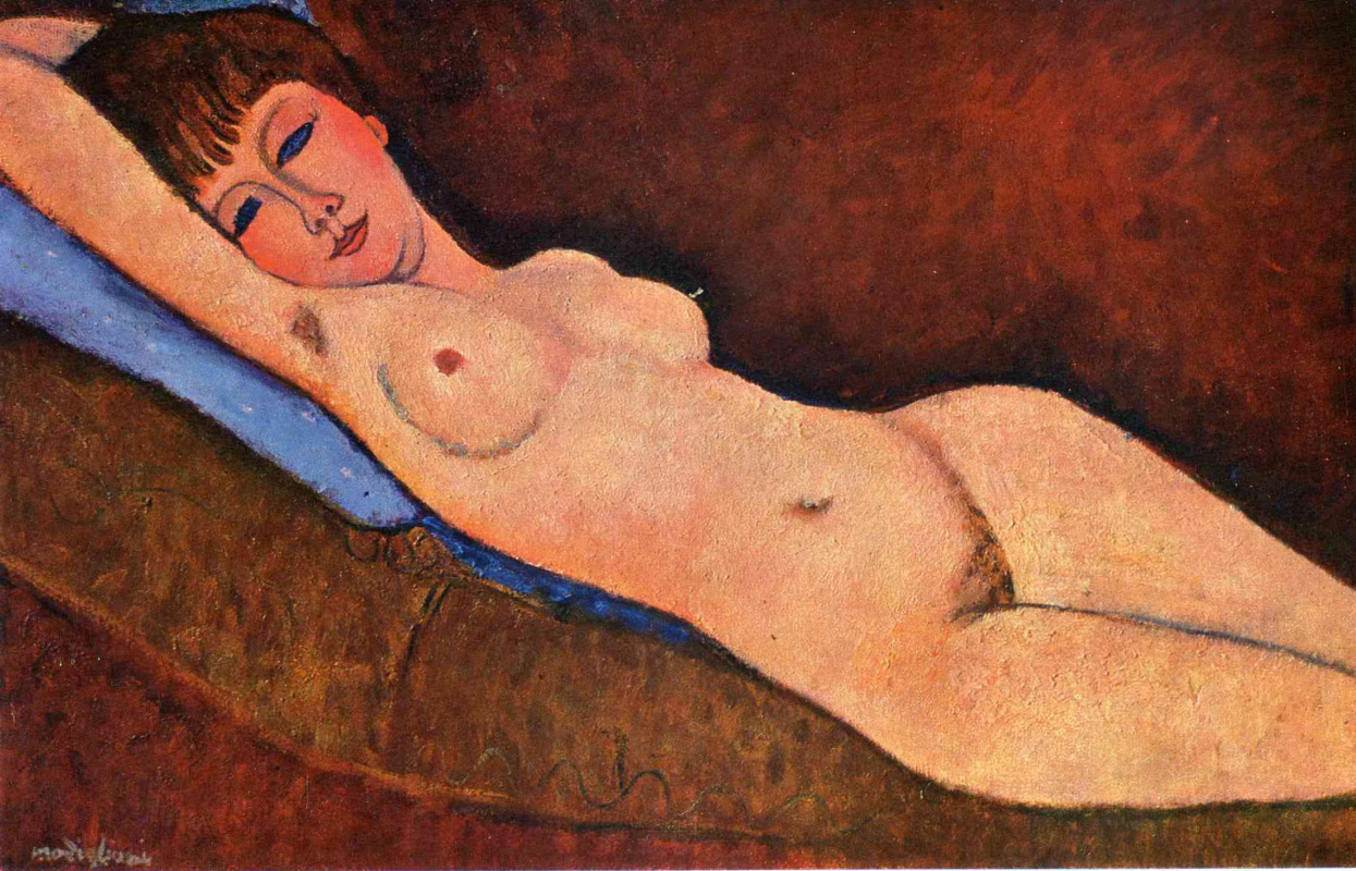 Amedeo Modigliani. Reclining Nude with blue cushion