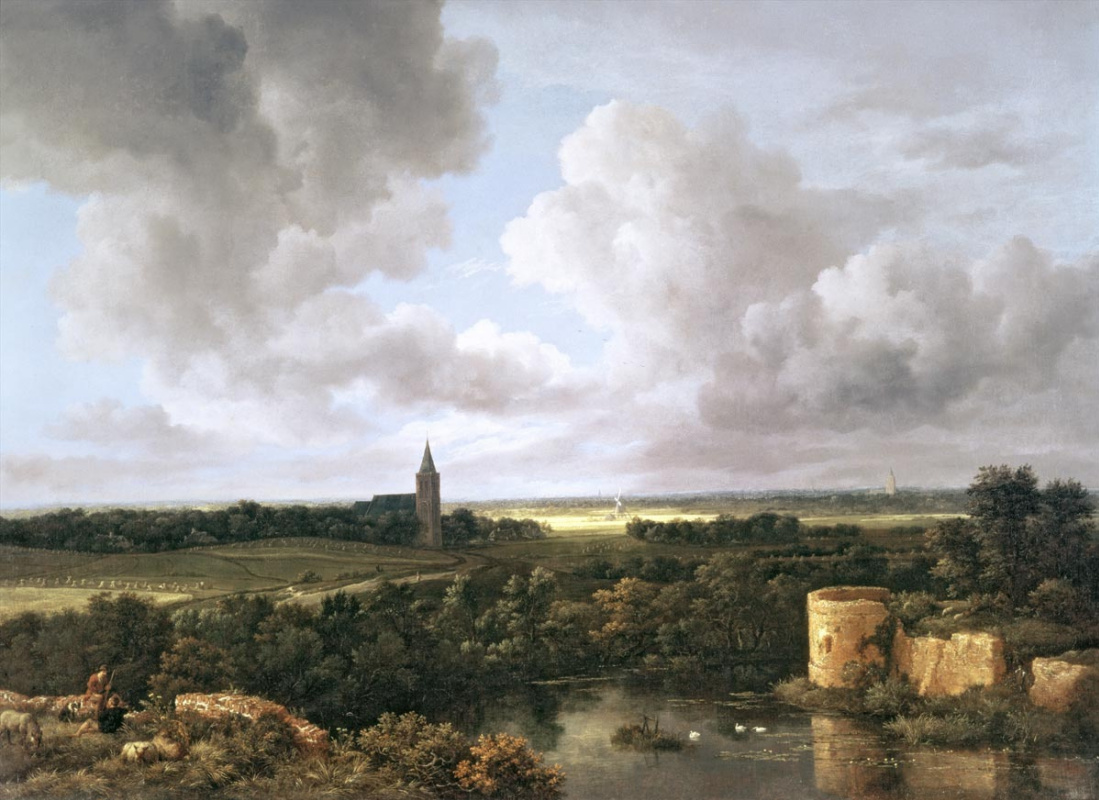 Jakob van Isaacs Ruisdael. Landscape with ruined castle and village church