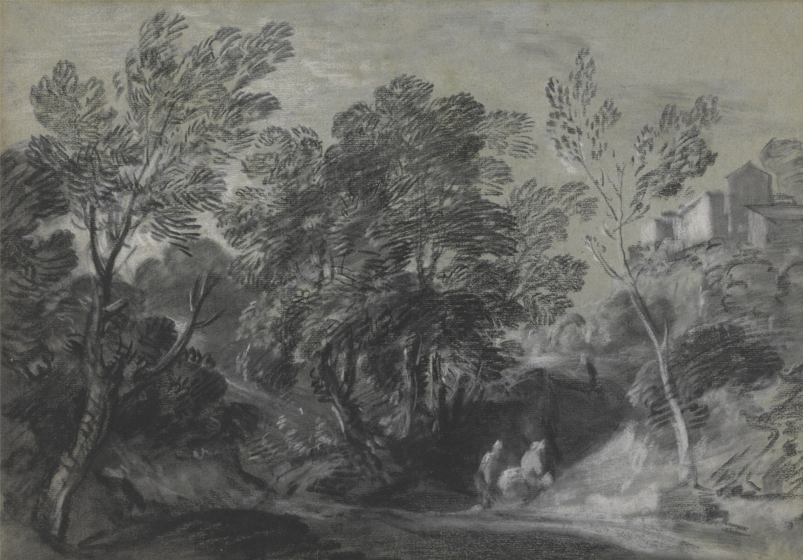 Thomas Gainsborough. Forest landscape with figures and houses on the hill