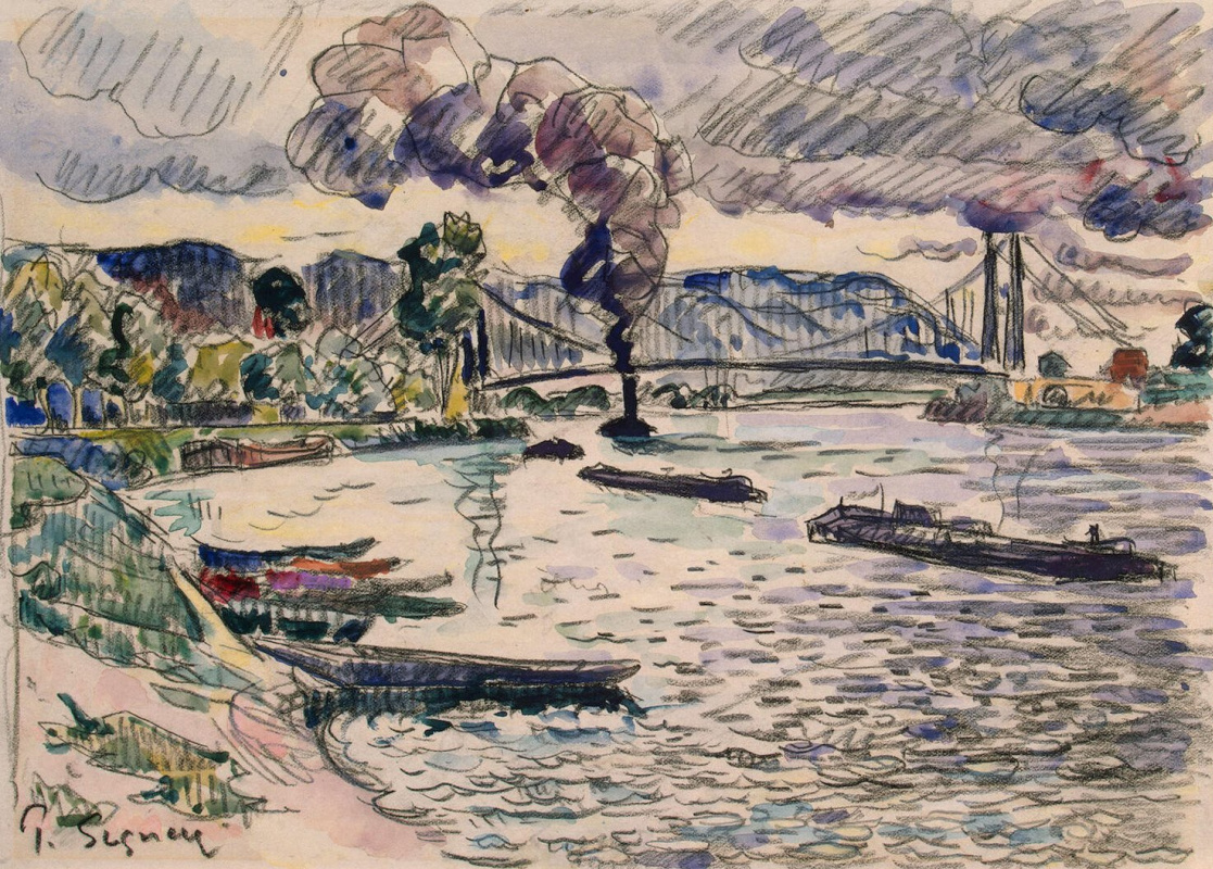 Paul Signac. Suspension bridge or Barge and tugboat on the river