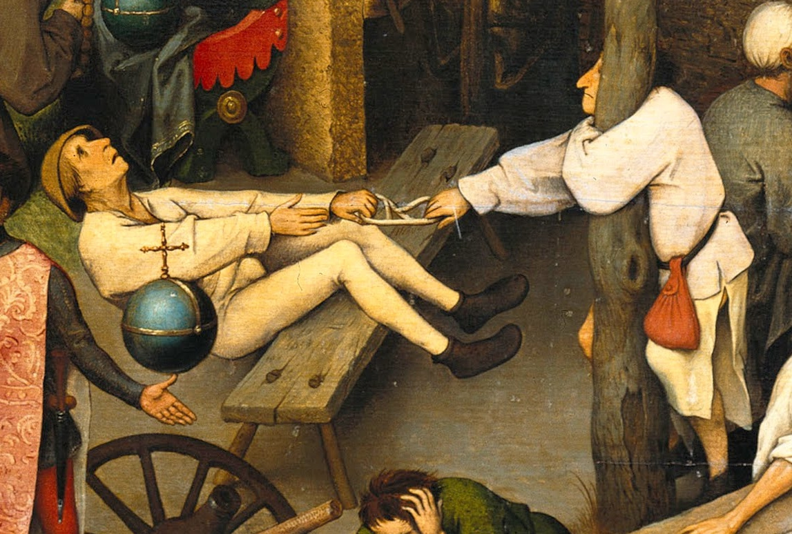 Pieter Bruegel The Elder. Flemish proverbs. Fragment: Love is where money bags hang - love can be bought. Pull to take hold of the long end of the rope - try to get the benefits