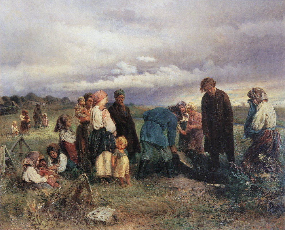 Konstantin Makovsky. 村里的葬礼孩子