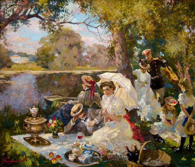 画作描述 a picnic by the lake