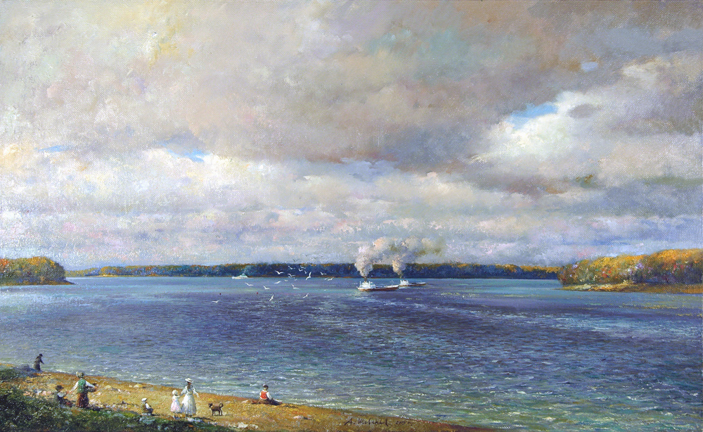 Alexander Shevelyov. Volga in Rybinsk. oil on canvas.55,8 # 89,8 cm 2005