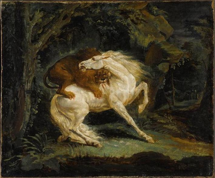 Lion attacking horse