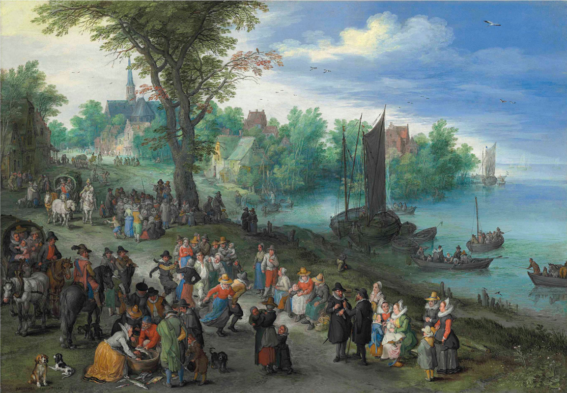 Jan Bruegel The Elder. Dancing figures on a river with a fish and a portrait of the artist in the foreground