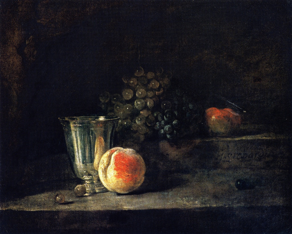 Jean Baptiste Simeon Chardin. Still life with silver goblet, peach, red and white grapes