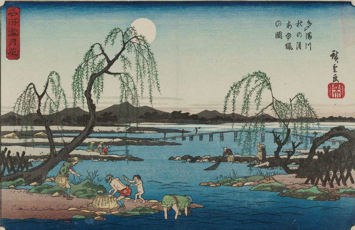 Utagawa Hiroshige. Trout fishing on the river Tama in the moonlit autumn night