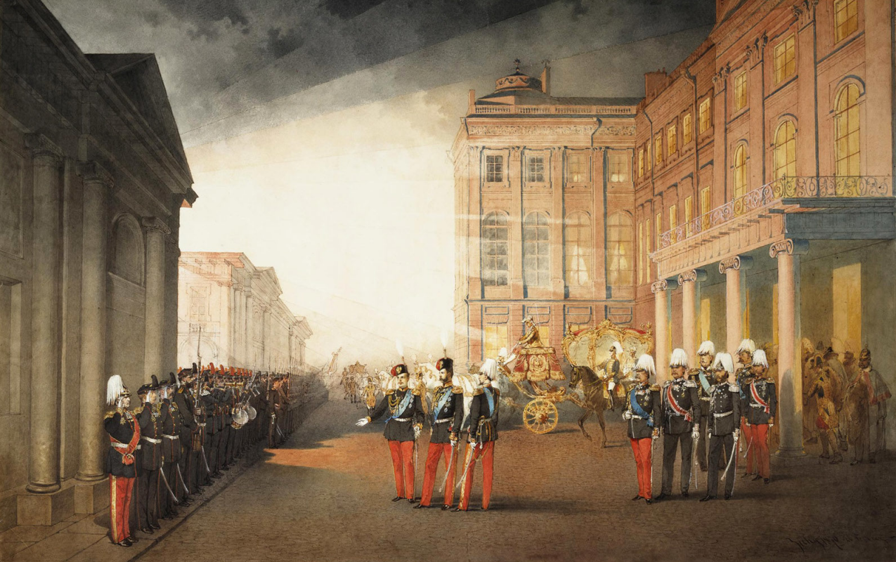 Mikhail Alexandrovich Zichy. Desfile frente al Palacio Anichkov el 26 de febrero de 1870. 54 x 87 Museo Estatal del Hermitage, San Petersburgo. El dibujo entró en 1919. Trasladado del Palacio Anichkov en Petrogrado.