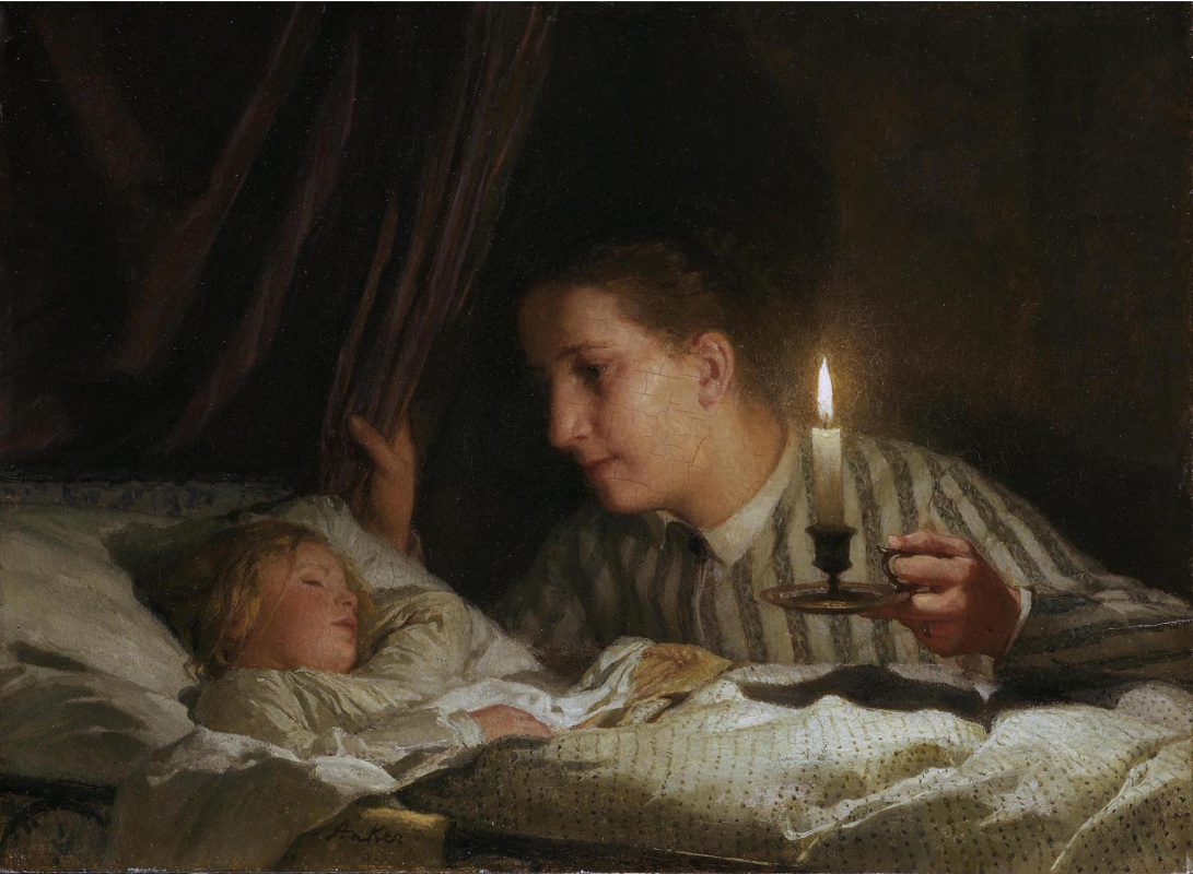 Альберт Анкер. Молодая мать рассматривает спящего ребенка при свечах