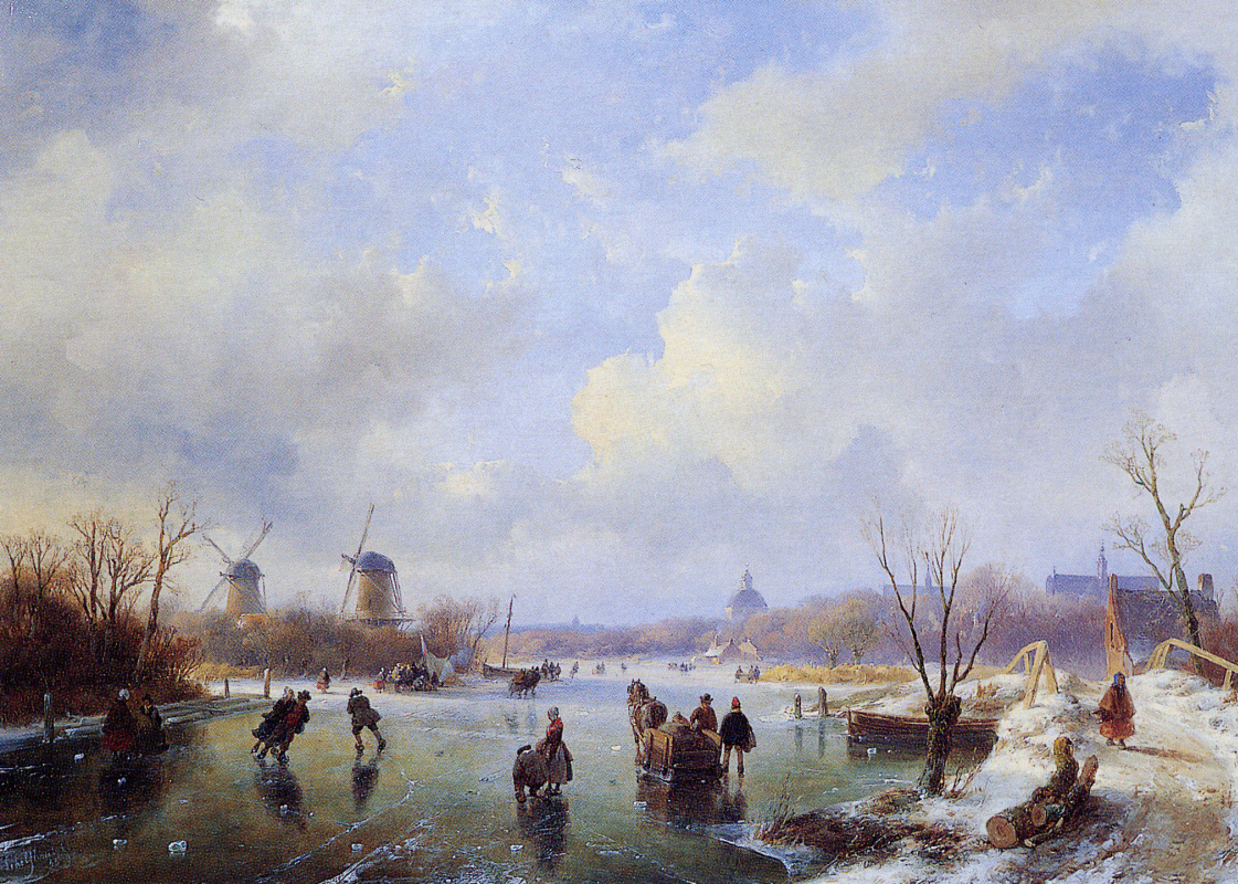 Andreas Schelfout. Skaters on a frozen river with a windmill