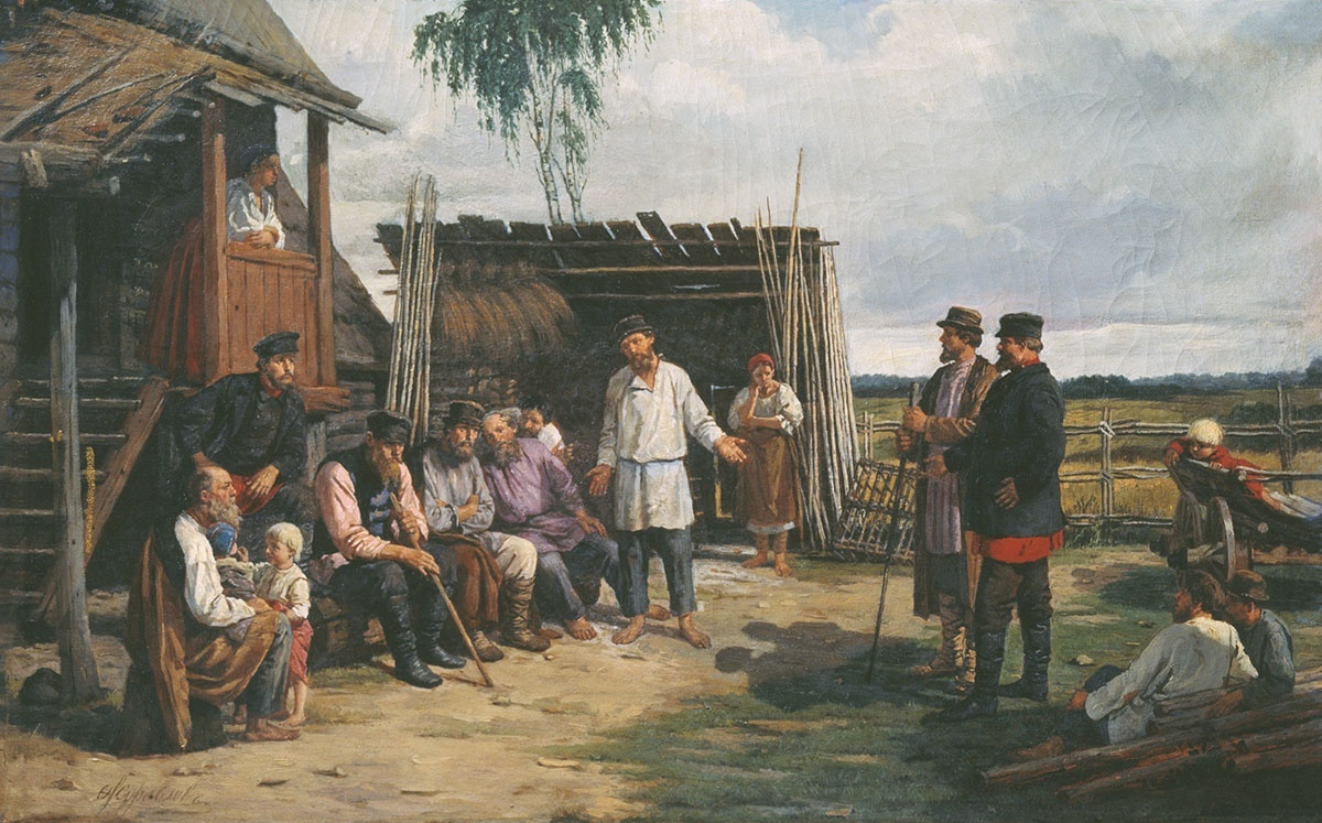 Firs Sergeevich Zhuravlev. Peasant gathering. 1870s 71 x 111 white canvas Volsky Local History Museum