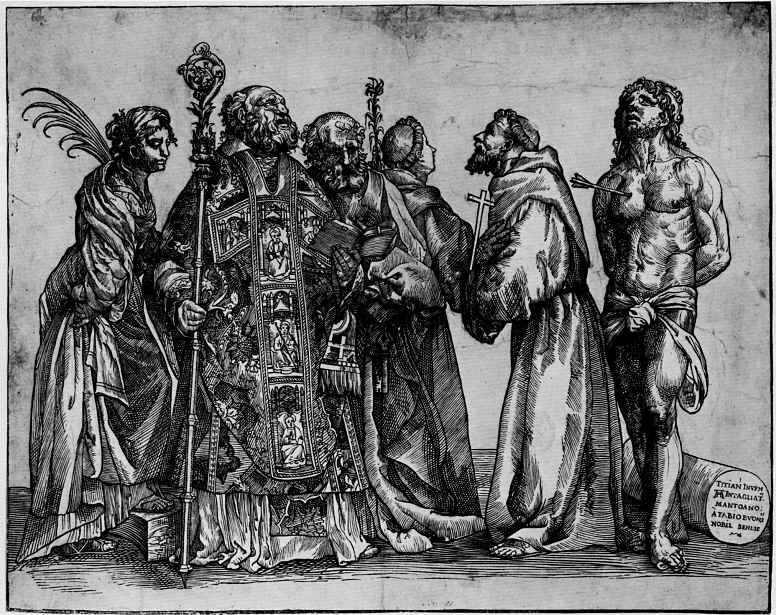 Titian Vecelli. Six saints, from right to left: Catherine, Nicholas, Peter, Anthony, Francis, Sebastian
