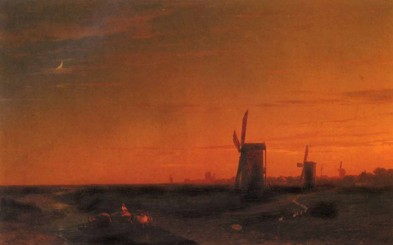 Ivan Aivazovsky. Landscape with windmills
