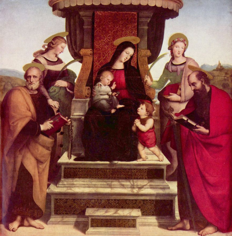 Raphael Sanzio. Altar of the Colonna, the Central part: Madonna enthroned with the Christ child, infant John the Baptist, to the right of SV. Paul, left St. Peter, St. Catherine and St. Cecilia