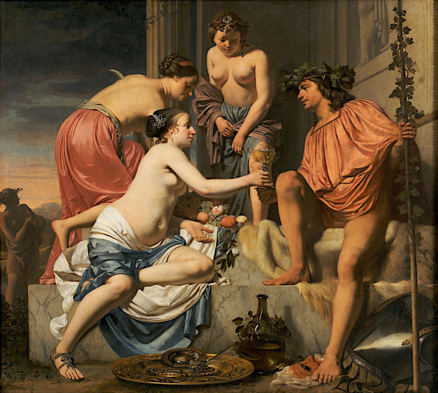 Caesar van Everdingen. The nymph teaches the young Bacchus wine, fruit and flowers