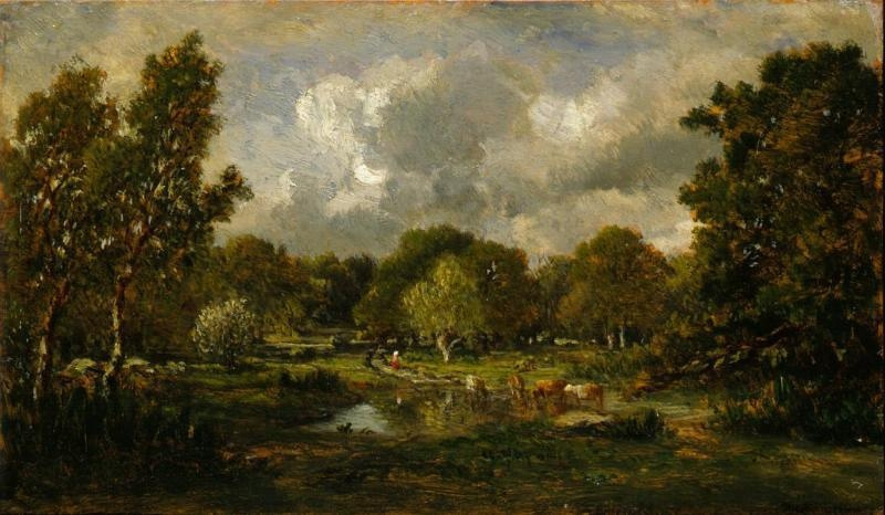 Pierre-Etienne-Theodore Rousseau. Cows at a watering place (the Crossroads of the white Queen)