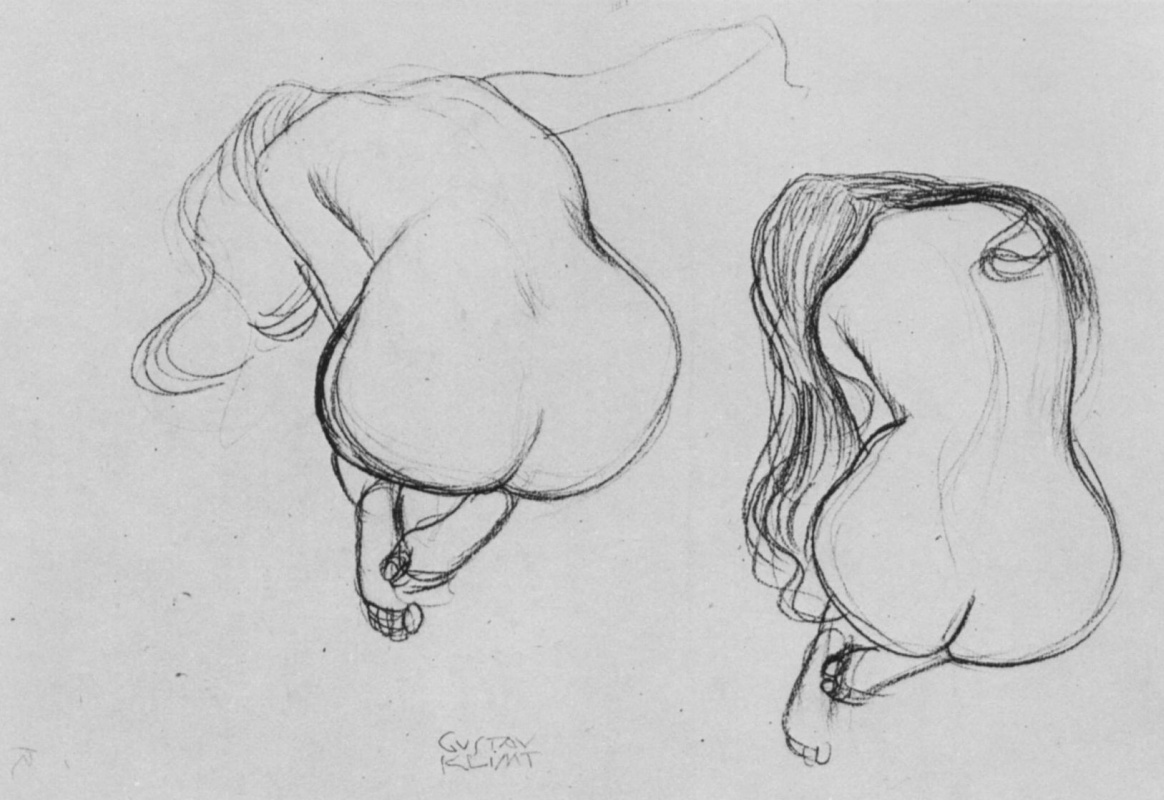 Gustav Klimt. Two sketches sitting on my knees naked with long hair from behind