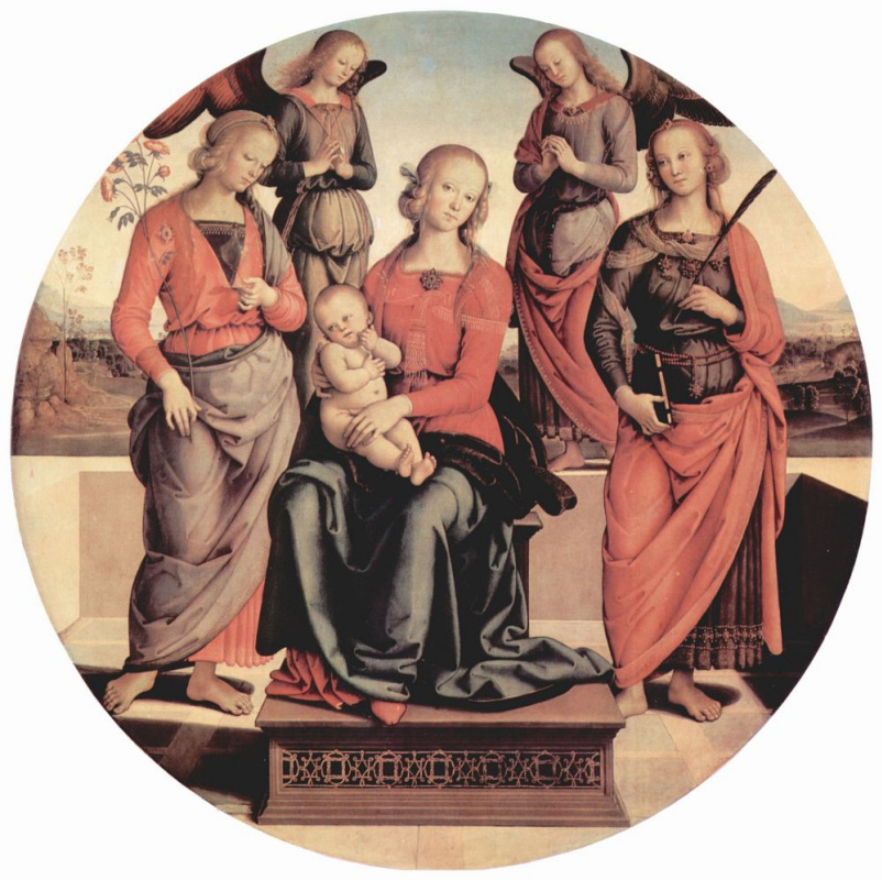 Pietro Perugino. Madonna on the throne with two angels St Rose and St Catherine of Alexandria, Tondo