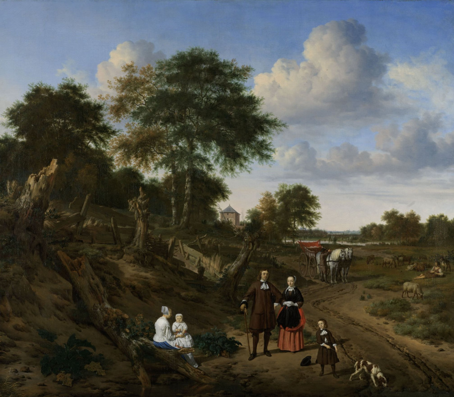Adrian van de Velde. Couple with two children and a nanny in a landscape