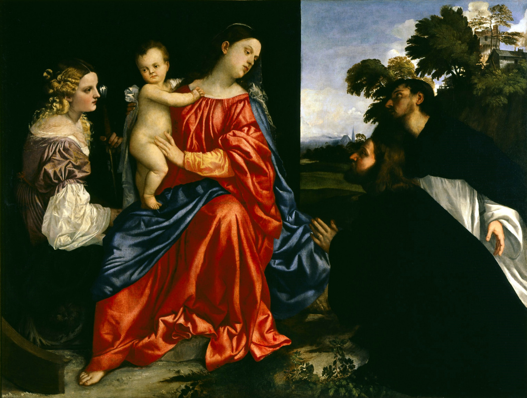 Titian Vecelli. Madonna and Child, St. Catherine and two monks