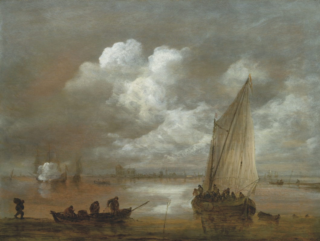 Jan van Goyen. Paisaje fluvial con velero y barco.