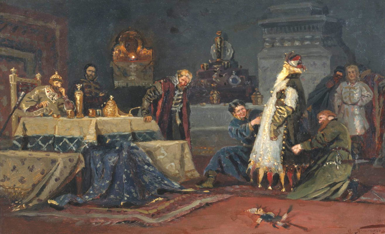 Mikhail Vasilyevich Nesterov. Fool's coat. Druzhina boyar Morozov A. in front of Ivan the Terrible